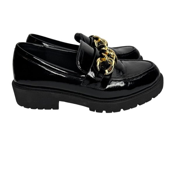 Vintage SODA Black Patent Leather Chunky Y2K Loafer Gold Chain Accent 7.5M Goth - Picture 3 of 10